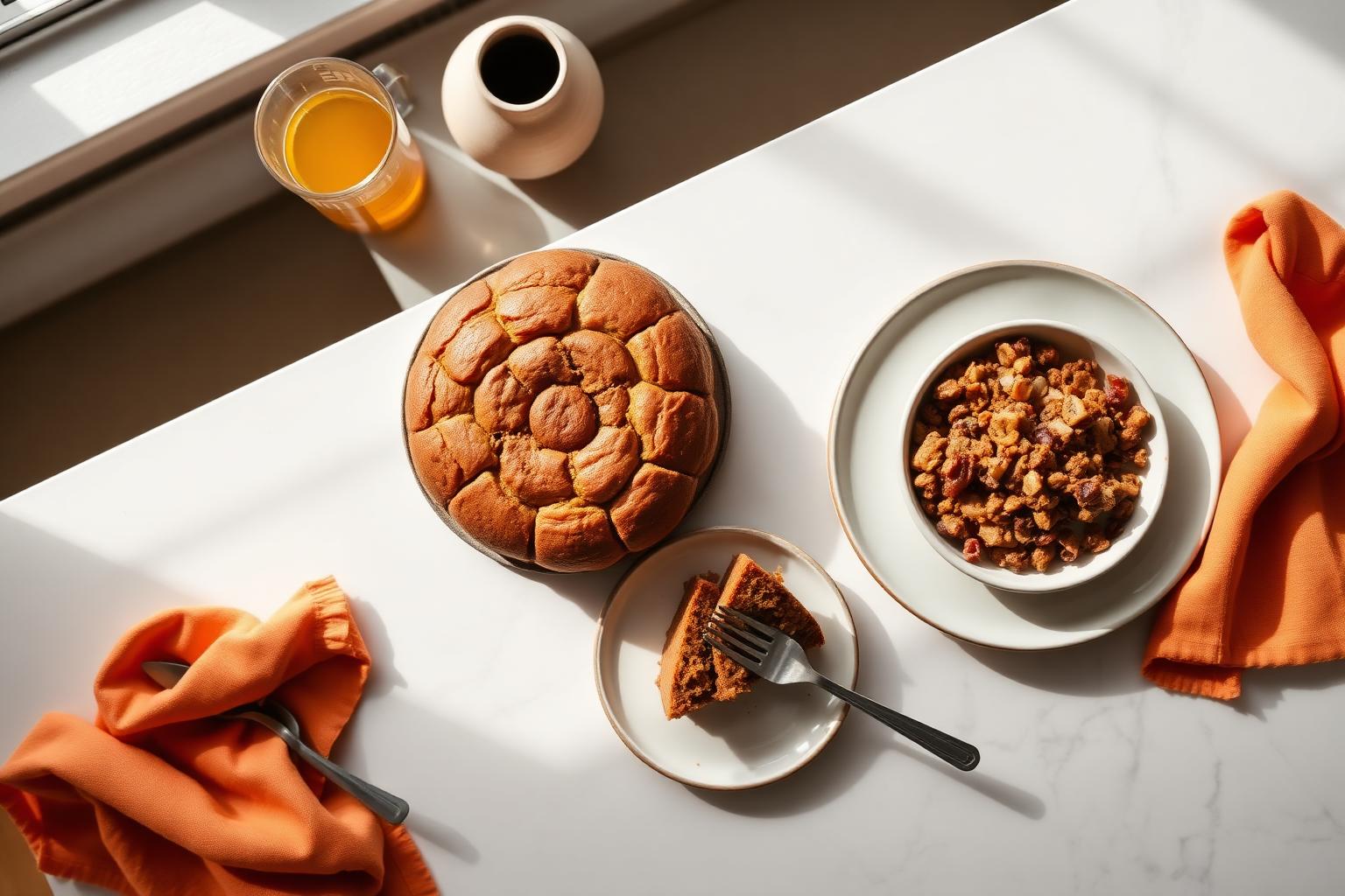 Homemade cake, pitha and a protein bowl on a bright kitchen table